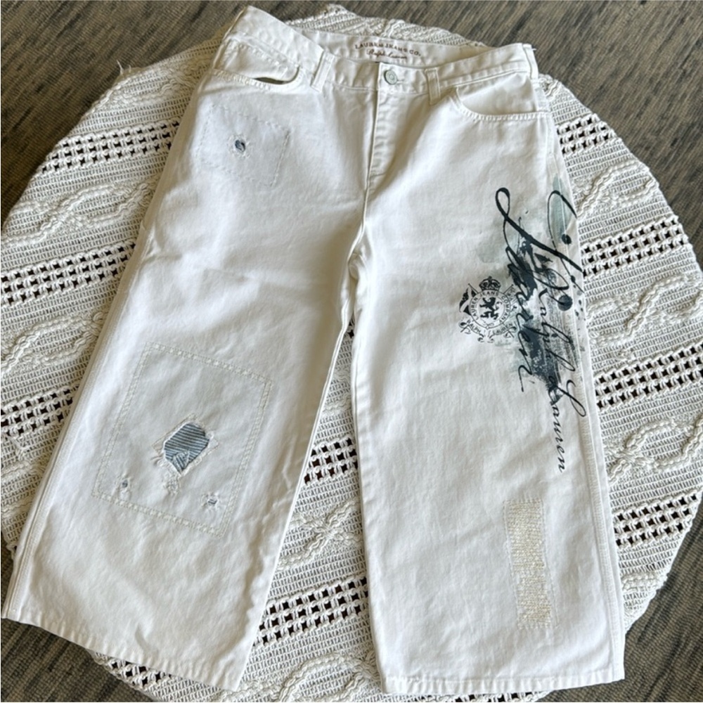 Ralph Lauren White Straight Leg Jeans with Unique Embroidery